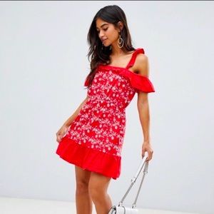 NWT ASOS Red Floral Eyelet Off Shoulder Dress